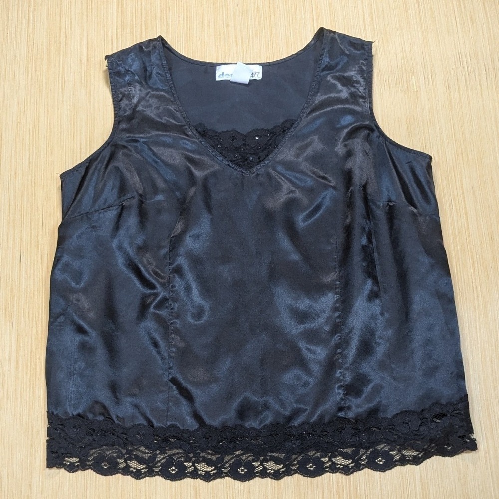 Vintage Denim 24/7 Black Satin Tank Top Lace Trim Whimsygoth Witchy‎ Women's 18W